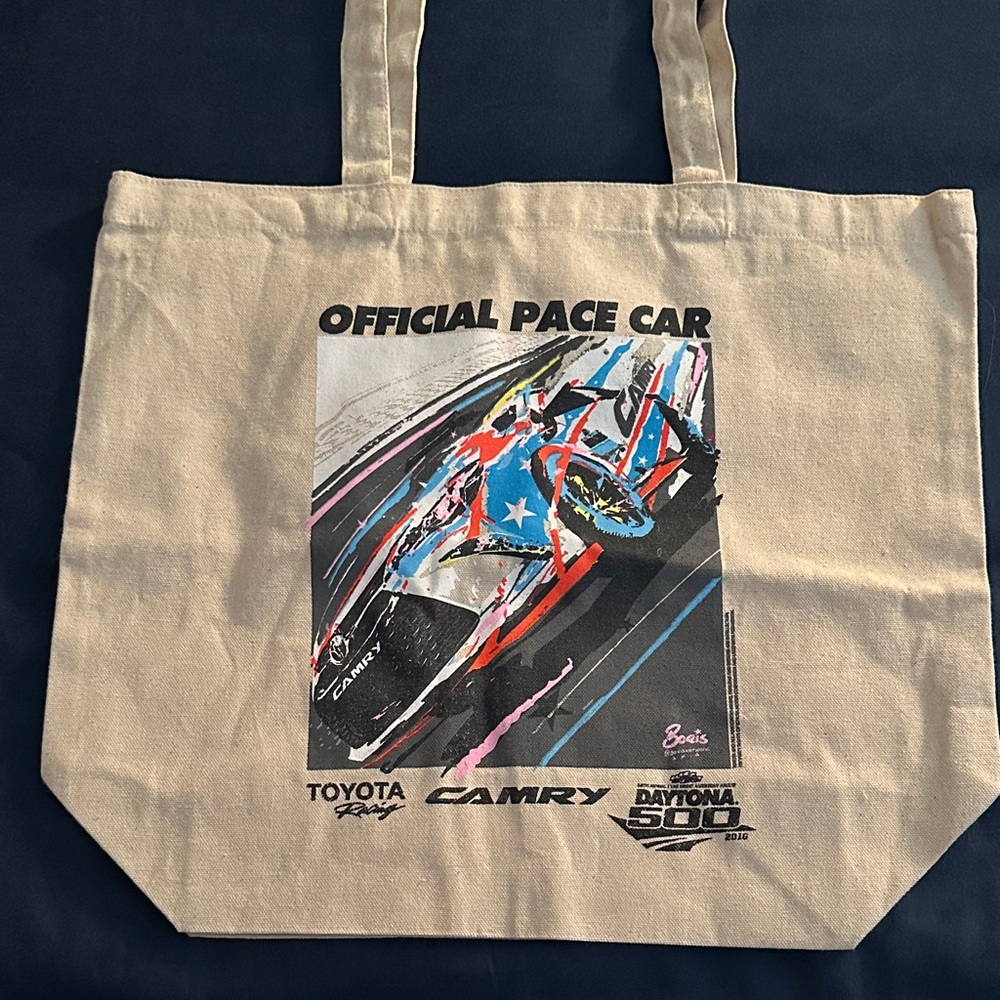 Boris Beige Canvas Tote with Race Car Graphic
